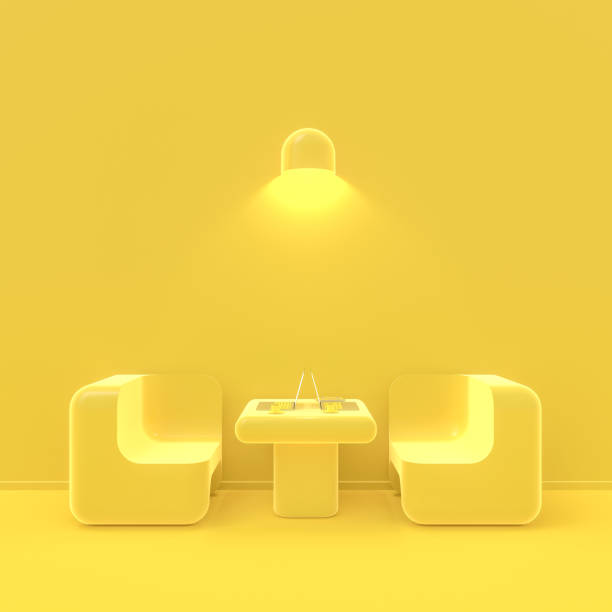 istock Minimal concept. Laptop on table in cafe yellow color 1022012554