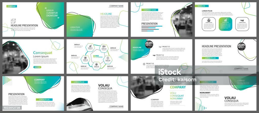 Slide geométrica verde apresentação modelos e infográficos de fundo. Uso para o relatório anual de negócios, panfleto, marketing corporativo, folheto, propaganda, brochura, estilo moderno. - Vetor de Plano - Documento royalty-free