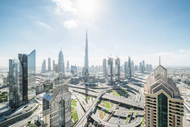 istock Spectacular skyline of Dubai with highway intersection 1022014944
