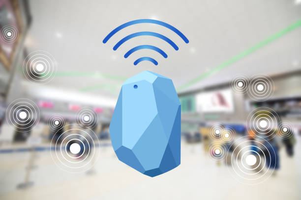 Beacon device home and office radar. Use for all situations. with network connect signal graphic and blur background at the airport