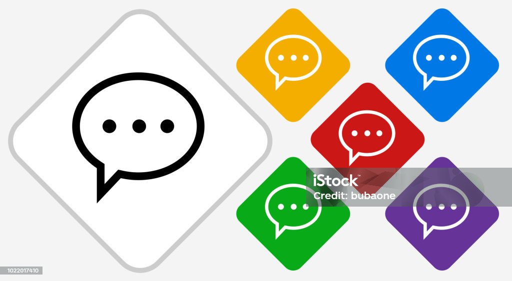 Chat Bubble Icon Chat Bubble Icon. The icon is black and is placed on a diamond vector button. The button is flat white color and the background is light. The composition is simple and elegant. The vector icon is the most prominent part if this illustration. There are five alternate button variations on the right side of the image. The alternate colors are red, yellow, green, purple and blue. Black Color stock vector