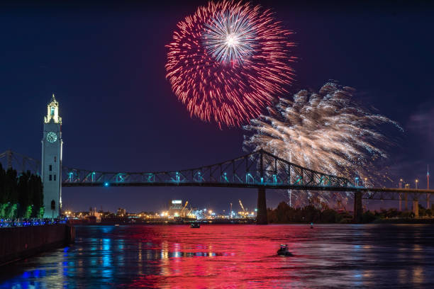 istock Colourful fireworks display over a city bridge 1022027594