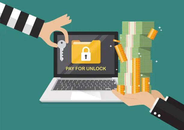 Vector illustration of Businessman hand holding banknote for paying the key from hacker for unlock laptop got ransomware malware virus computer