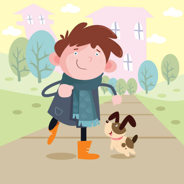 niedlichen kleinen jungen herum mit seinem kleinen hund, zeichentrickfigur - dog walking child little boys stock-grafiken, -clipart, -cartoons und -symbole