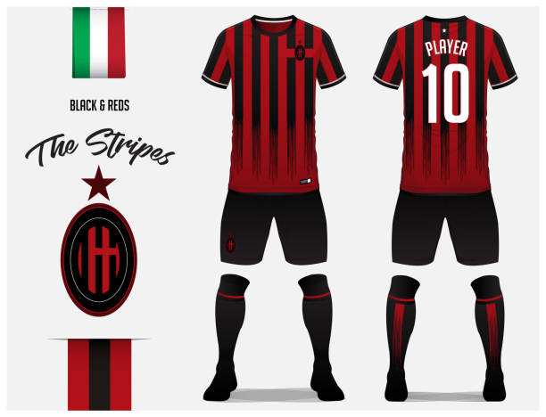 fußball trikot oder fußball kit-vorlage für fußball-club. rote und schwarze streifen fußballtrikot mit socken und schwarze hose mock-up. vorder- und rückseite anzeigen fußball einheitlich. fußball-logo und flaglabel. - soccer uniform stock-grafiken, -clipart, -cartoons und -symbole