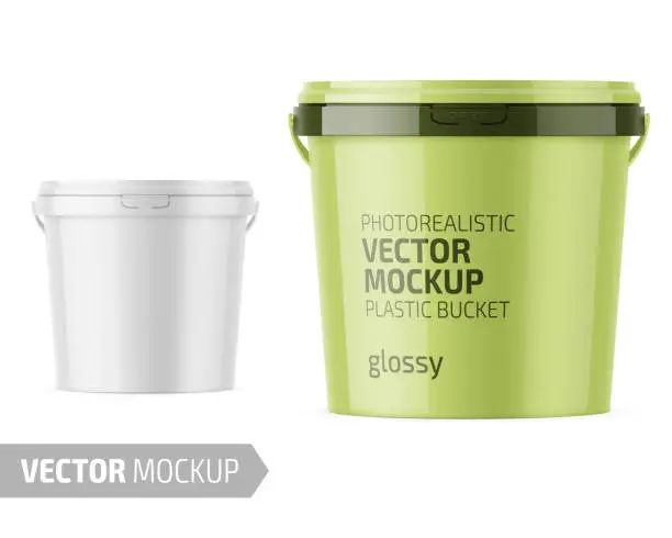 Vector illustration of White glossy plastic bucket mockup with label.