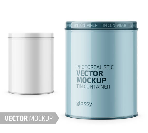 Round glossy tin can template with sample design. Round white glossy tin can with lid. Container for dry products - tea, coffee, sugar, cereals, candy. Photo-realistic packaging vector mockup template with sample design. Vector 3d illustration. canister stock illustrations