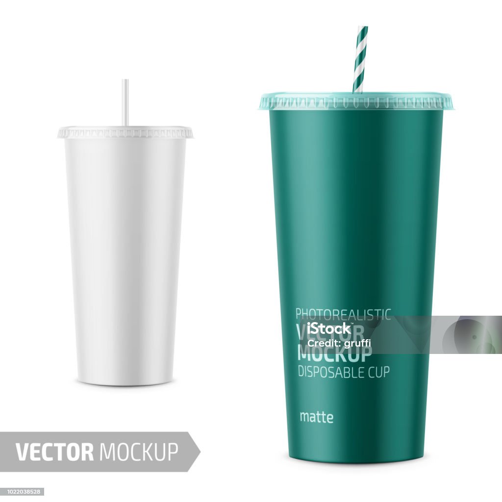 White disposable paper cup with lid and straw. White paper disposable cup with lid and straw for cold beverage -soda, ice tea or coffee, cocktail, milkshake. 500 ml. Realistic packaging mockup template with sample design. Vector 3d illustration. Cup stock vector