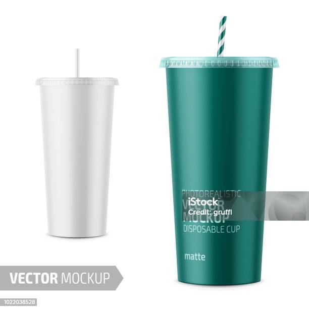 White Disposable Paper Cup With Lid And Straw Stock Illustration - Download Image Now - Cup, Template, Soda