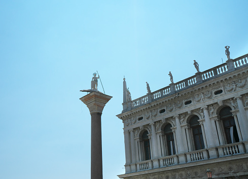 Venice,Italy-July 25, 2018: A statue of Saint Theodore of Amasea on the western column at St Mark's Square