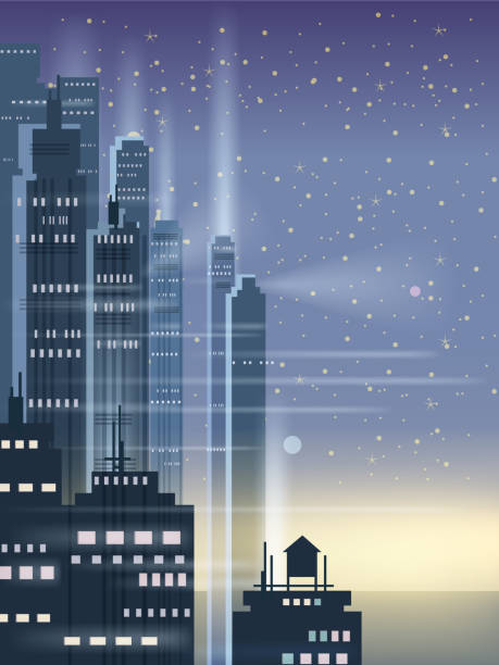 illustrations, cliparts, dessins animés et icônes de ville de nuit, scène de ville, gratte-ciels, tours, ciel étoilé, lumières, horizon, perspective, fond, vector, isolé - sky city urban scene blue