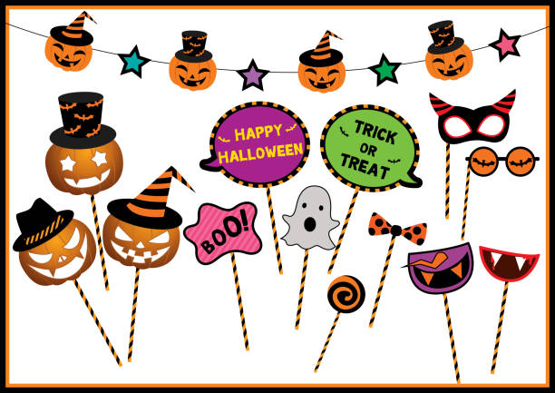 Halloween-props-party Halloween festival design props set for photo booth on party. cartoon devil with speech bubble stock illustrations