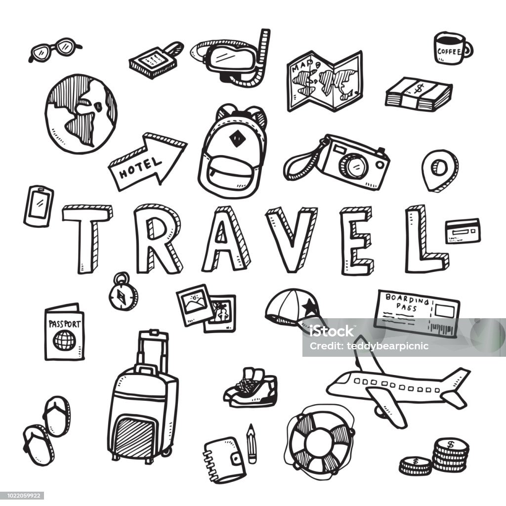 Vector doodle sketch of travel and tourist concept on white background. Vector doodle sketch of travel and tourist concept on white background. Doodle art world travel collection design. Travel stock vector