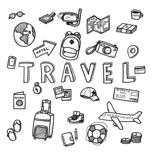 Vector doodle sketch of travel and tourist concept on white background. Vector doodle sketch of travel and tourist concept on white background. Doodle art world travel collection design. adventure symbols stock illustrations