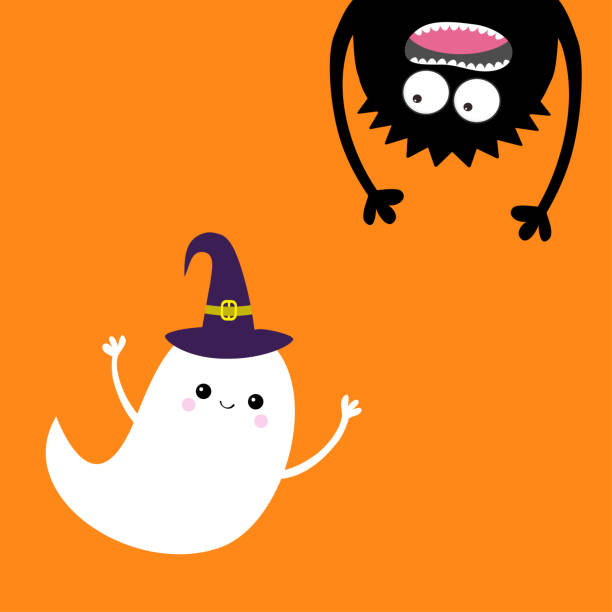 Happy Halloween card. Flying ghost spirit Witch hat Monster head silhouette. Eyes, hands. Hanging upside down. Funny Cute cartoon baby character. Flat design. Orange background. Happy Halloween card. Flying ghost spirit Witch hat Monster head silhouette. Eyes, hands. Hanging upside down. Funny Cute cartoon baby character. Flat design. Orange background. Vector black hat upside down stock illustrations