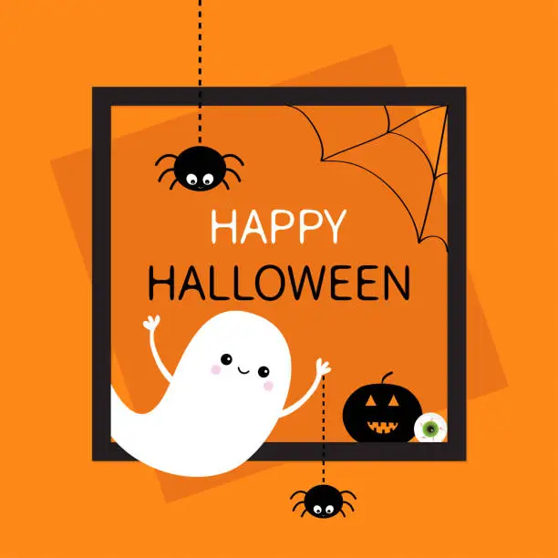 Vector illustration of Happy Halloween. Square frame. Flying ghost silhouette. Two black spider dash line. Web corner Pumpkin, eyeball. Cute cartoon baby character. Flat design. Orange background.