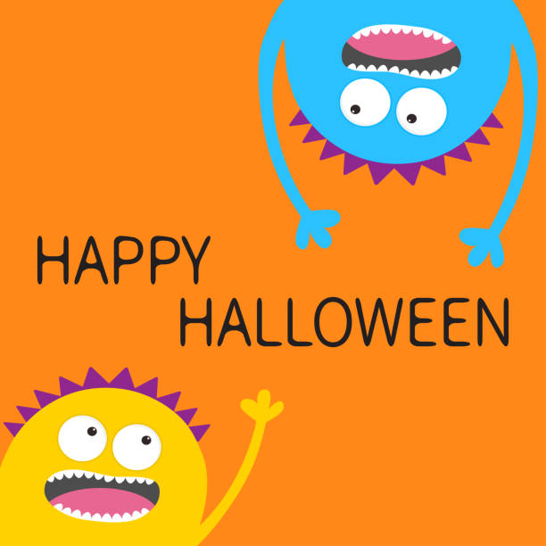 istock Happy Halloween card. Two screaming monster head silhouette set. Hanging upside down. Eyes, teeth, tongue, hands. Funny Cute cartoon character. Baby collection. Flat design. Orange background 1022069846