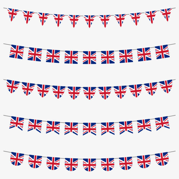 britische bunting set mit britische flaggen. großbritannien flagge girlande. union jack dekoration für feiern, party oder festival. vektor-illustration. - königin stock-grafiken, -clipart, -cartoons und -symbole