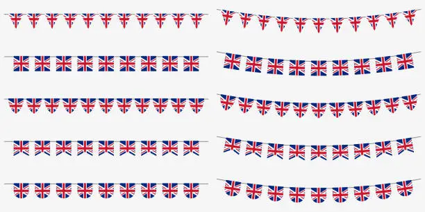 Vector illustration of British bunting set with UK flags. Great Britain flags garland. Union Jack decoration for celebrate, party or festival. Vector illustration.