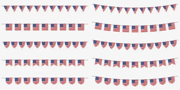 Vector illustration of USA bunting and garland set with American flags. US flags decoration for celebrate, party or festival. Memorial Day, 4th of July Independence Day, Veterans Day decoration. Vector illustration.