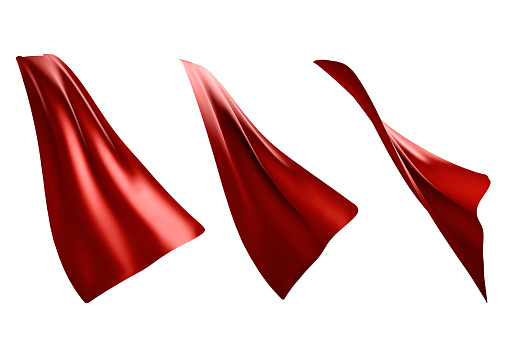 Three flowing style red cape hero isolated on white background . with clipping path . 3D rendering .