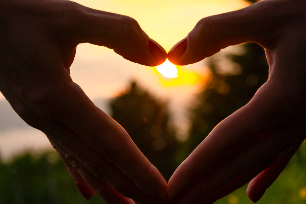istock Heart shape with hand on sunset. Love hand gesture 1022081588