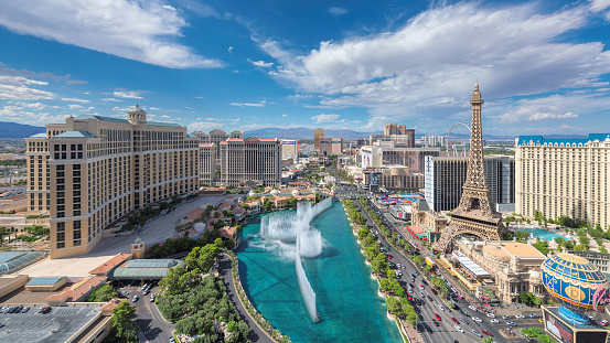 Aerial view of Las Vegas strip at sunny summer day on July 25, 2018 in Las Vegas, Nevada. Las Vegas is one of the top tourist destinations in the world.