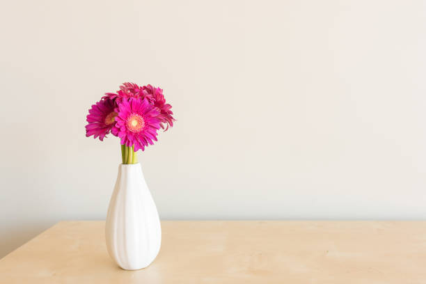 istock Bright pink gerberas in small white vase on shelf 1022084866