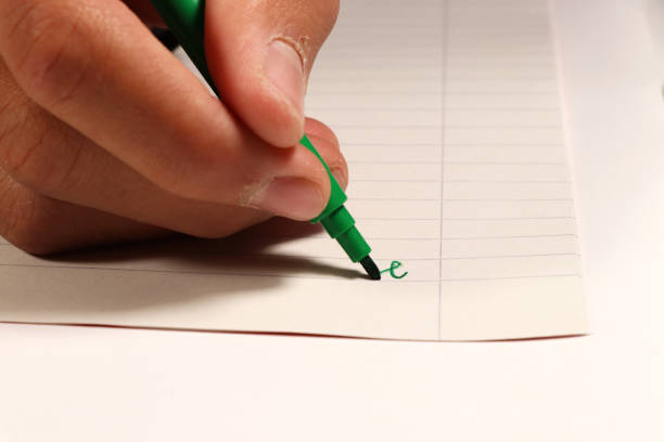 A young boy writing with green felt-tip pen a some word on english lesson at elementary school. Exercise book