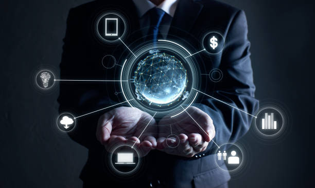 istock Businessman holding flying network connection template 1022085994
