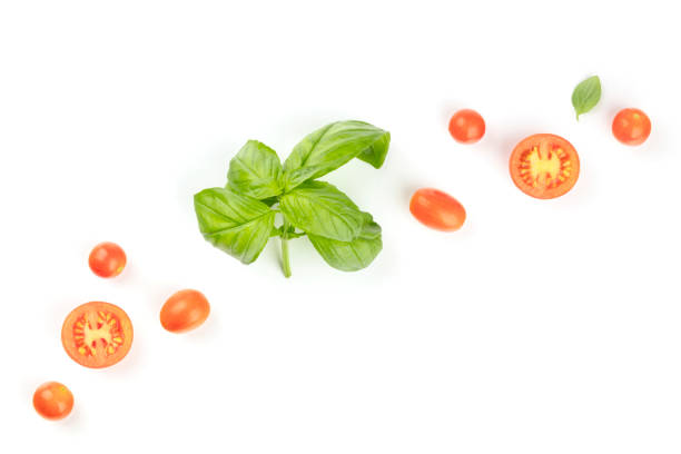 istock Overhead photo of fresh basil with cherry tomatoes on a white background 1022091472