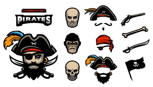 Vector illustration of A set of elements for creating pirated s. Man, monkey and skull. Hats, bandana, mustache, beard. Pistols, bones, sabers and a pirate flag.