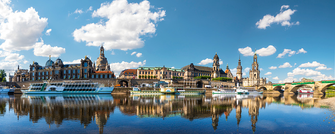 Dresden city skyline panorama at Elbe River and Augustus Bridge, Dresden, Saxony, Germany