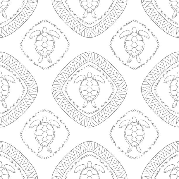 거북이와 폴 리 네 시안 기호 원활한 패턴 - polynesia stock illustrations
