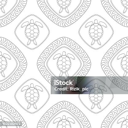 istock Seamless pattern with turtle and polynesian symbols 1022102472