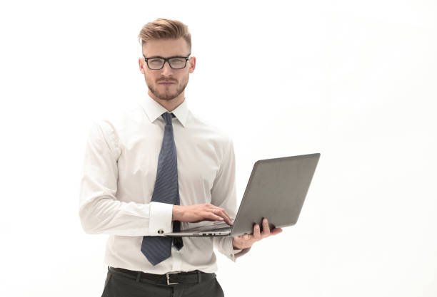istock businessman using laptop, isolated on white 1022105836