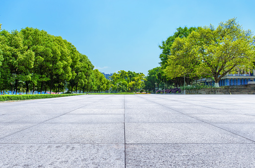 Quiet unmanned park and square on a sunny summer day