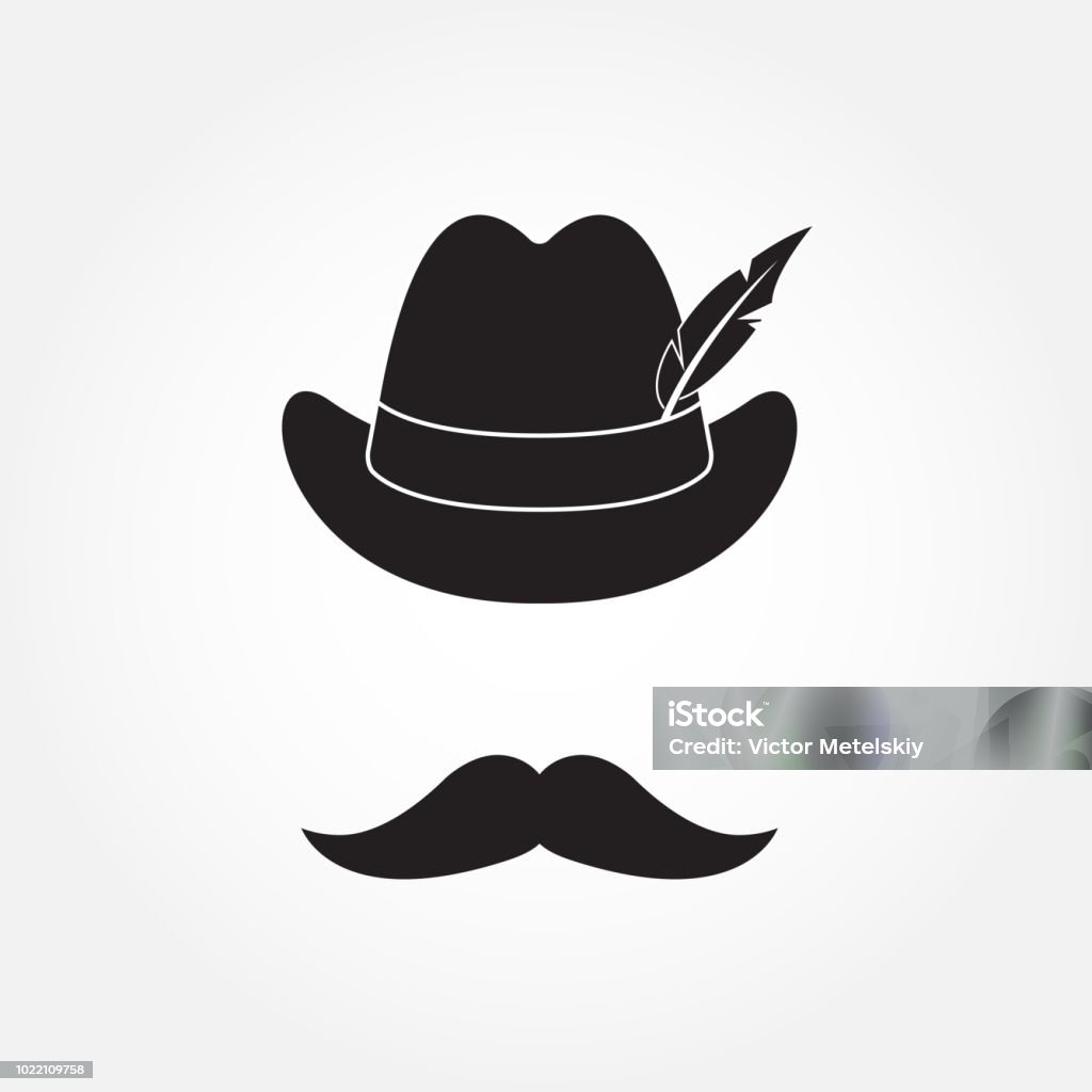 German hunting hat with feather and moustache. Octoberfest symbol isolated on white background. Vector illustration. Hat stock vector