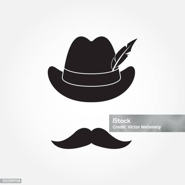 German Hunting Hat With Feather And Moustache Octoberfest Symbol Isolated On White Background Vector Illustration Stock Illustration - Download Image Now