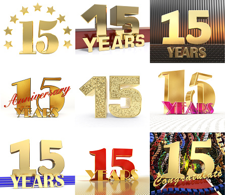 Set of number fifteen year (15 year) celebration design. Anniversary golden number template elements for your birthday party. 3D illustration.