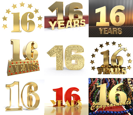 Set of number sixteen year (16 year) celebration design. Anniversary golden number template elements for your birthday party. 3D illustration.