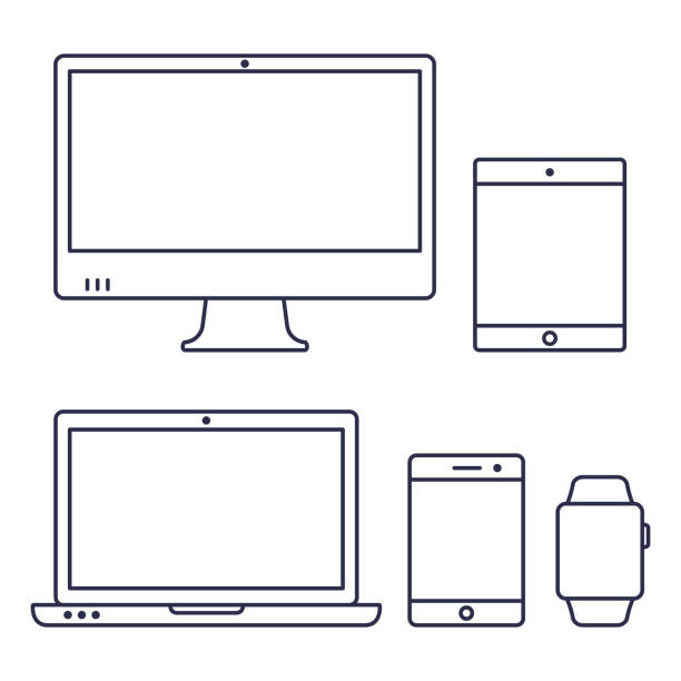 ilustrações de stock, clip art, desenhos animados e ícones de set of computer monitor, laptop, smart watch, tablet and mobile phone line icon. vector isolated simple gadgets - digital tablet note pad computer monitor laptop