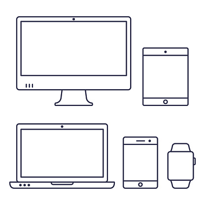 Set of computer monitor, laptop, smart watch, tablet and mobile phone line icon. Vector isolated simple gadgets.