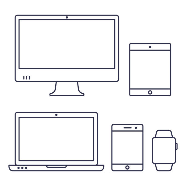 Set of computer monitor, laptop, smart watch, tablet and mobile phone line icon. Vector isolated simple gadgets Set of computer monitor, laptop, smart watch, tablet and mobile phone line icon. Vector isolated simple gadgets. netbook stock illustrations