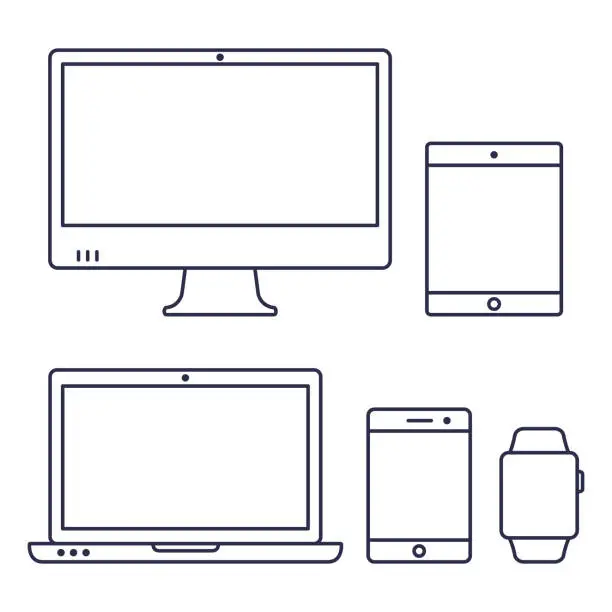 Vector illustration of Set of computer monitor, laptop, smart watch, tablet and mobile phone line icon. Vector isolated simple gadgets