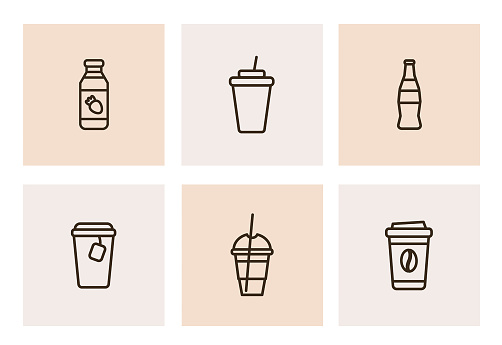 Collection of 6 black line icons of takeaway drinks. Isolated line pictograms in trend flat style for web and print design