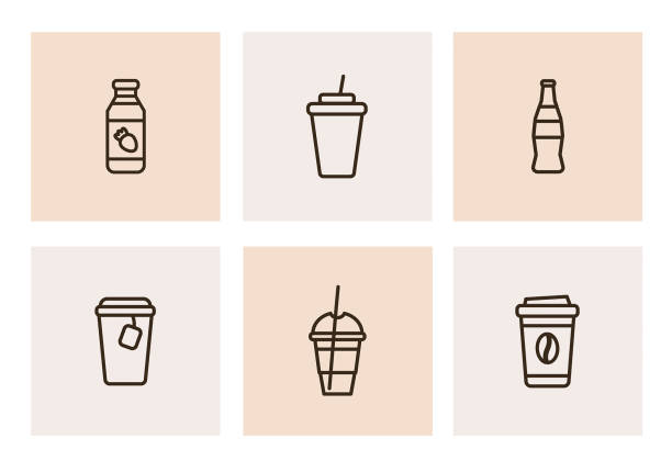Collection of 6 black line icons of takeaway drinks Collection of 6 black line icons of takeaway drinks. Isolated line pictograms in trend flat style for web and print design disposable cup stock illustrations