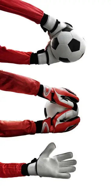 Photo of Set of goalkeeper gloves isolated on white background