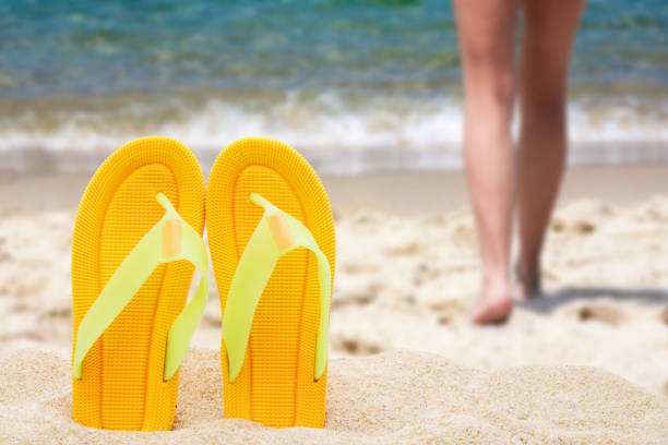 istock beach scenery with sandals in the sand 1022122276