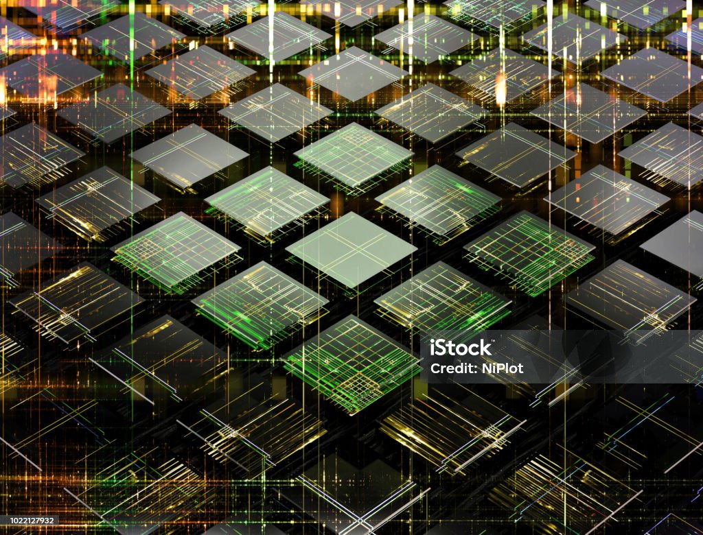 Concept of a fututistic quantum computer made of small cells 3d rendered image Quantum Stock Photo